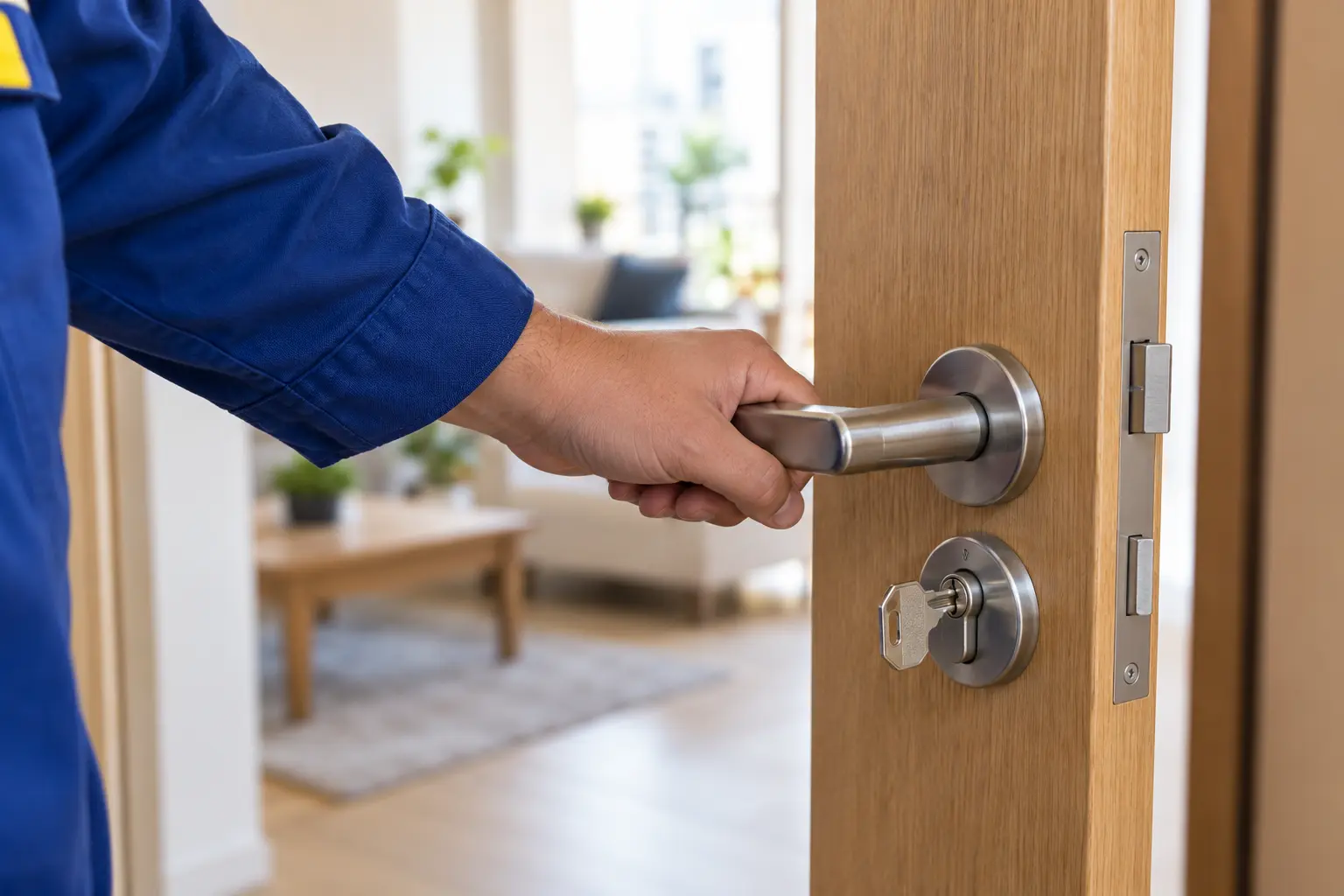 Mano de un técnico abriendo una puerta de madera con llave y manilla metálica