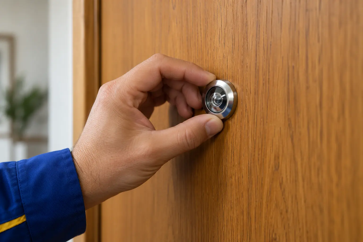 Instalación de una mirilla metálica en una puerta de madera